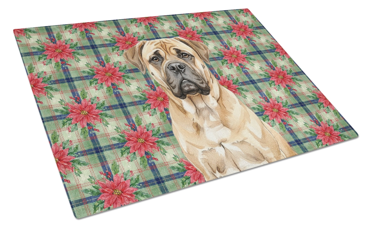 Picture of Carolines Treasures WDK8553LCB Unisex Adult Bullmastiff Christmas Poinsettias Glass Cutting Board - 15 x 12 in.