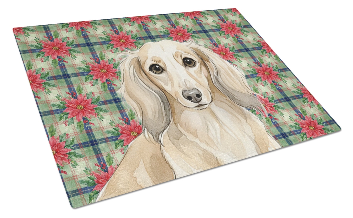 Picture of Carolines Treasures WDK8597LCB Unisex Adult Longhaired Cream Dachshund Christmas Poinsettias Glass Cutting Board - 15 x 12 in.