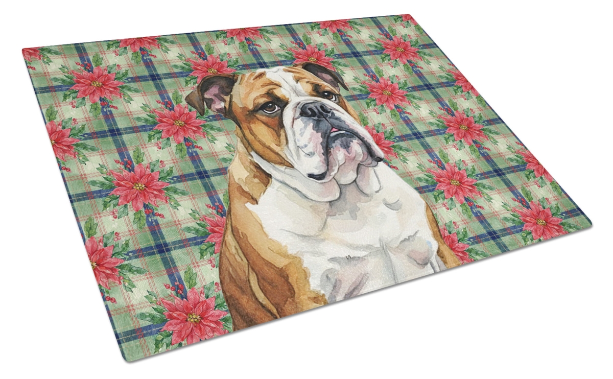 Picture of Carolines Treasures WDK8614LCB Unisex Adult Brindle & White English Bulldog Christmas Poinsettias Glass Cutting Board - 15 x 12 in.