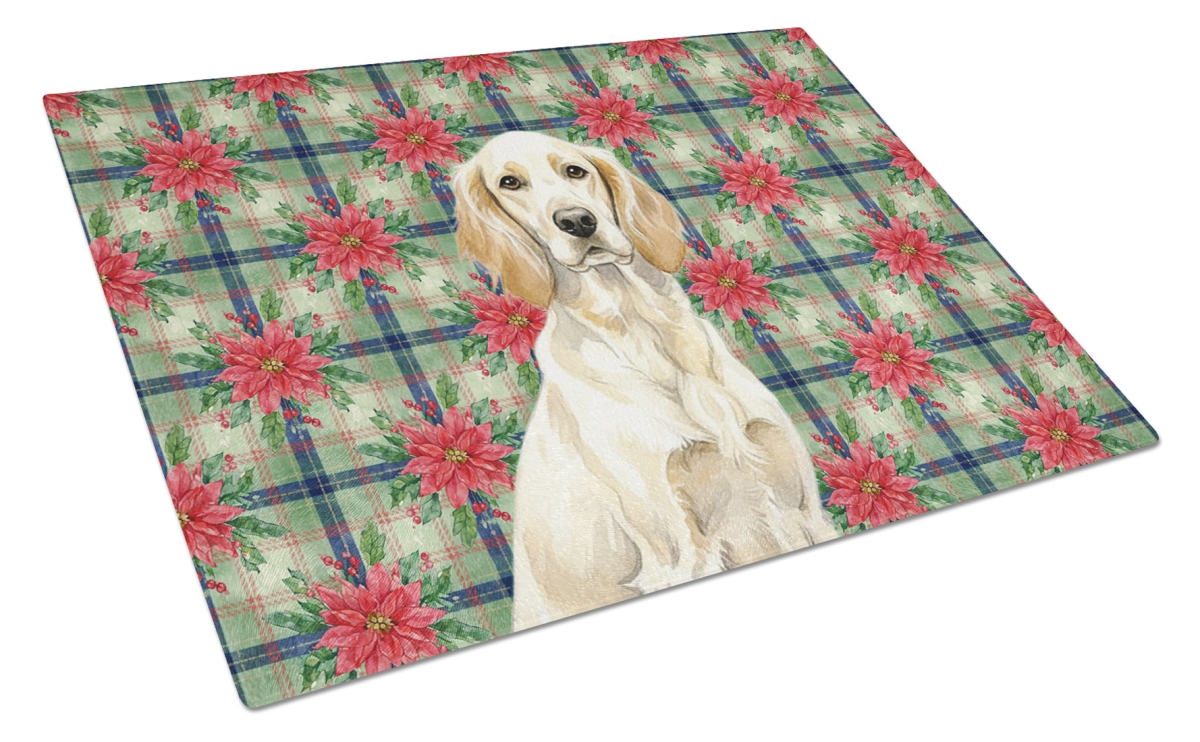 Picture of Carolines Treasures WDK8628LCB Unisex Adult Lemon Belton English Setter Christmas Poinsettias Glass Cutting Board - 15 x 12 in.