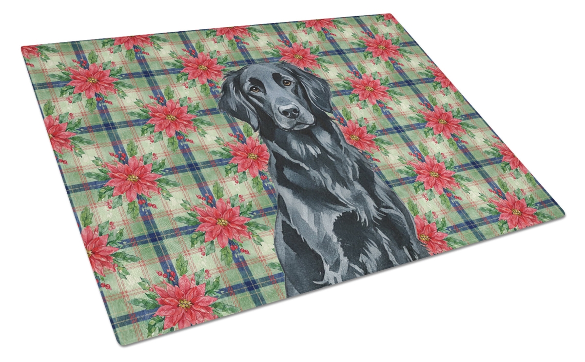 Picture of Carolines Treasures WDK8638LCB Unisex Adult Black Flat-Coated Retriever Christmas Poinsettias Glass Cutting Board - 15 x 12 in.