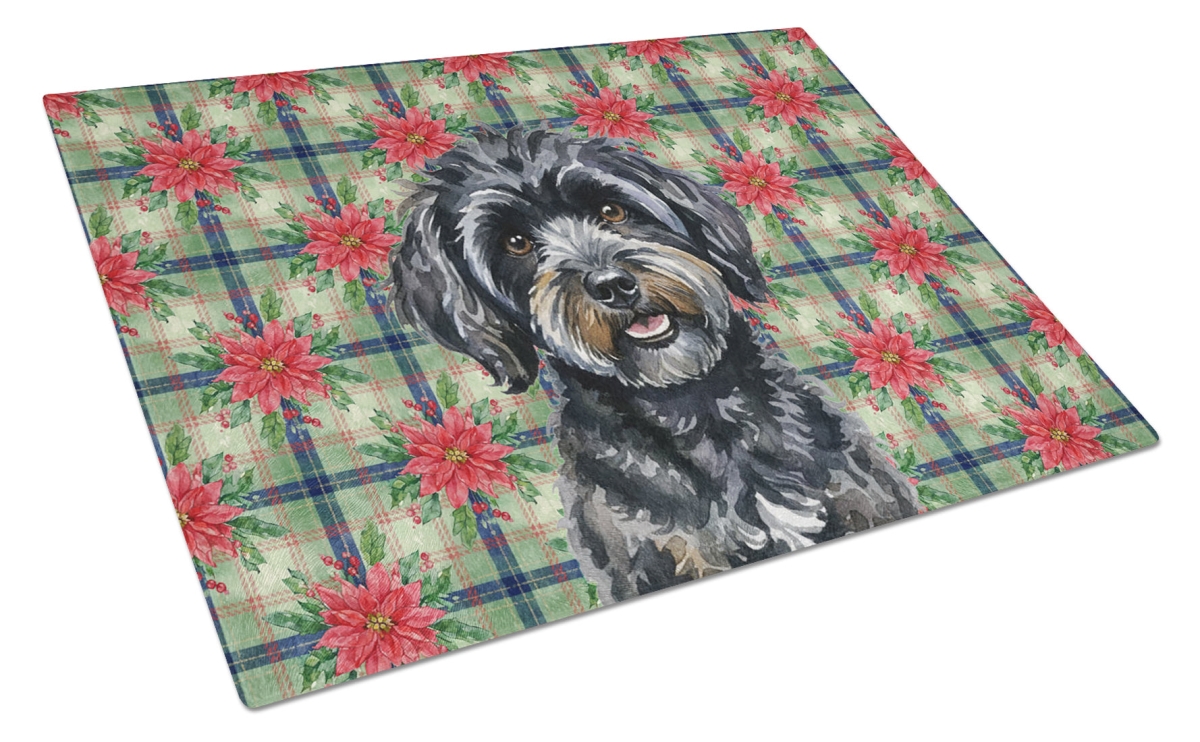 Picture of Carolines Treasures WDK8667LCB Unisex Adult Black Havanese Christmas Poinsettias Glass Cutting Board - 15 x 12 in.