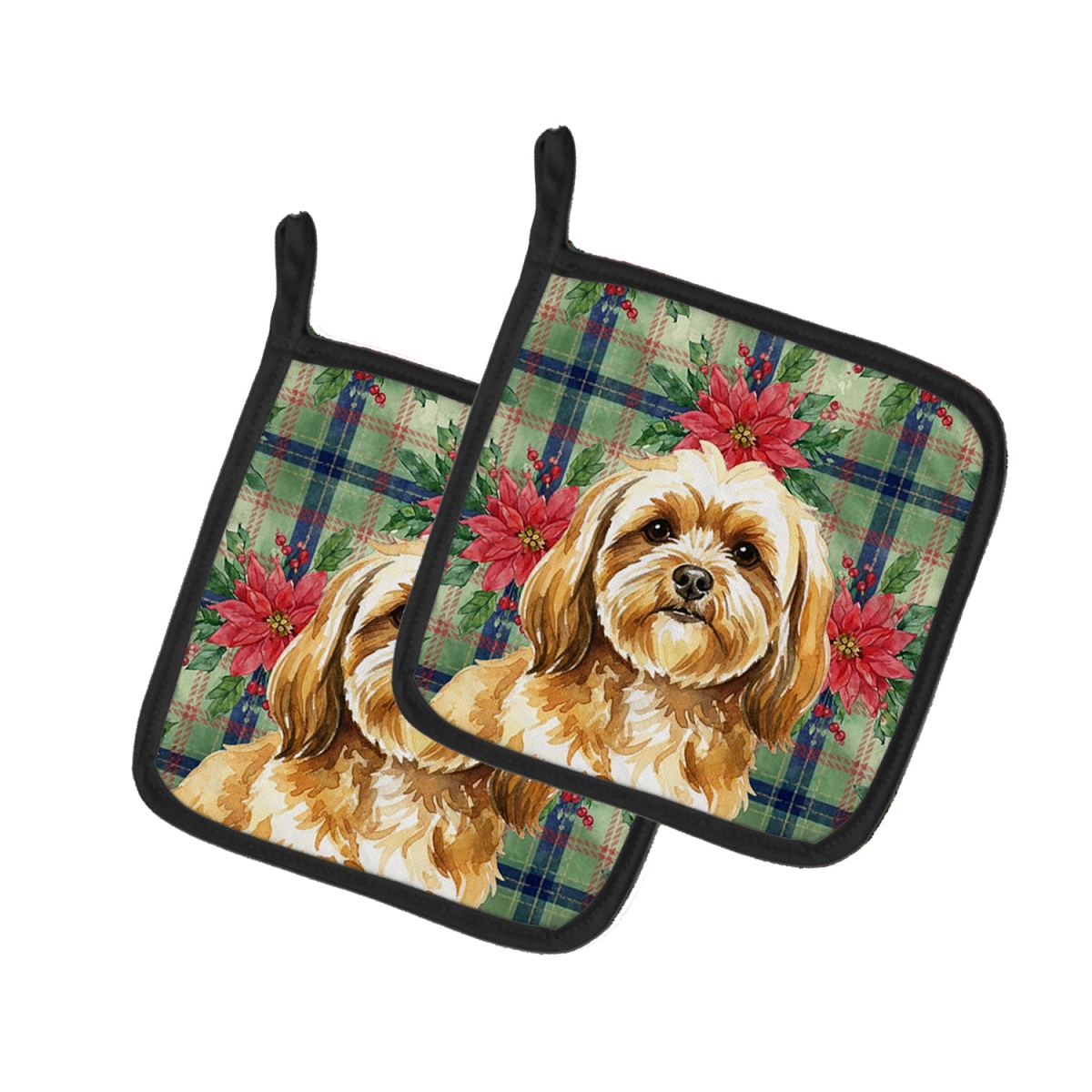 Picture of Carolines Treasures WDK8703PTHD Unisex Adult Gold Lhasa Apso Christmas Poinsettias Pot Holders - 7.5 x 7.5 in. - Set of 2