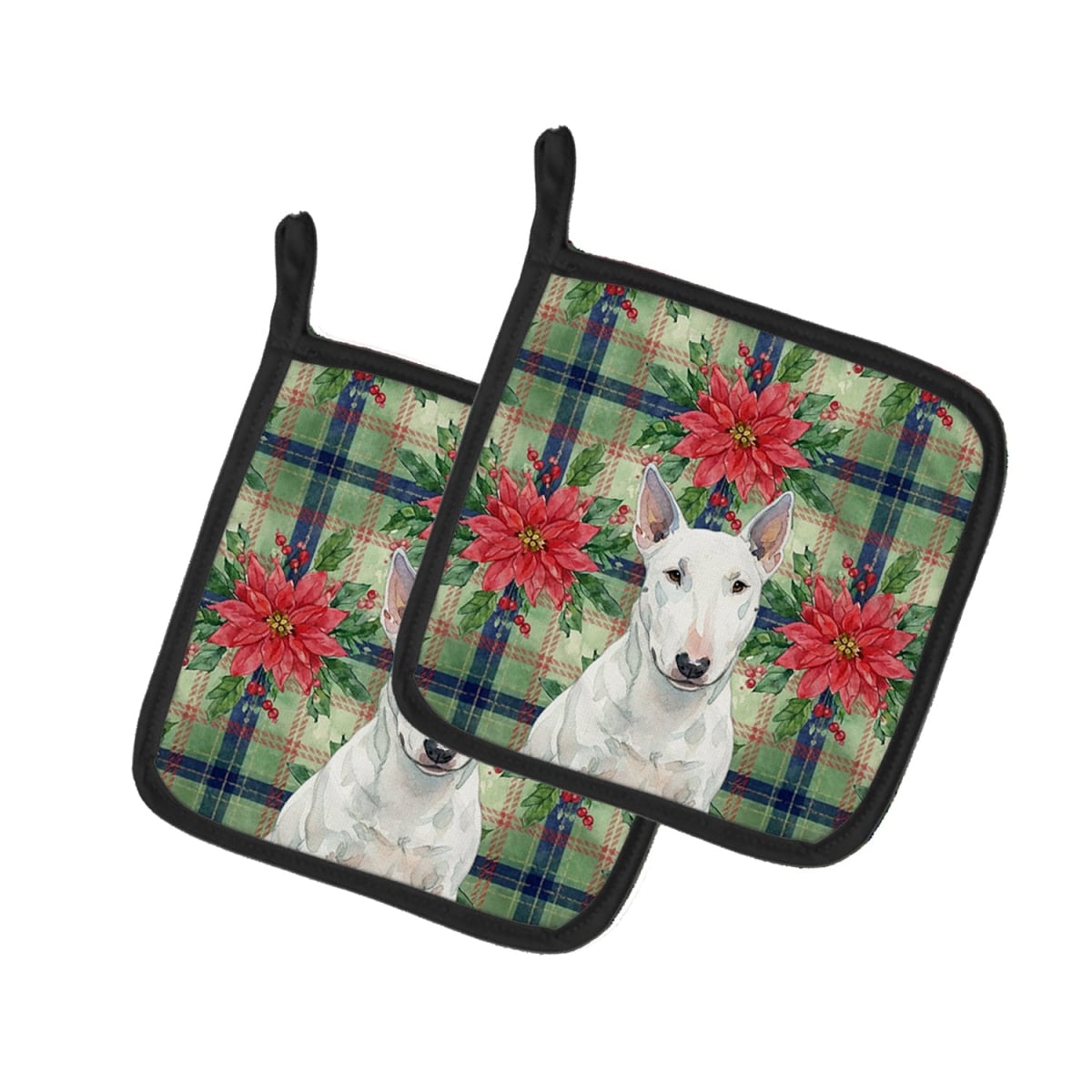 Picture of Carolines Treasures WDK8713PTHD Unisex Adult White Miniature Bull Terrier Christmas Poinsettias Pot Holders - 7.5 x 7.5 in. - Set of 2