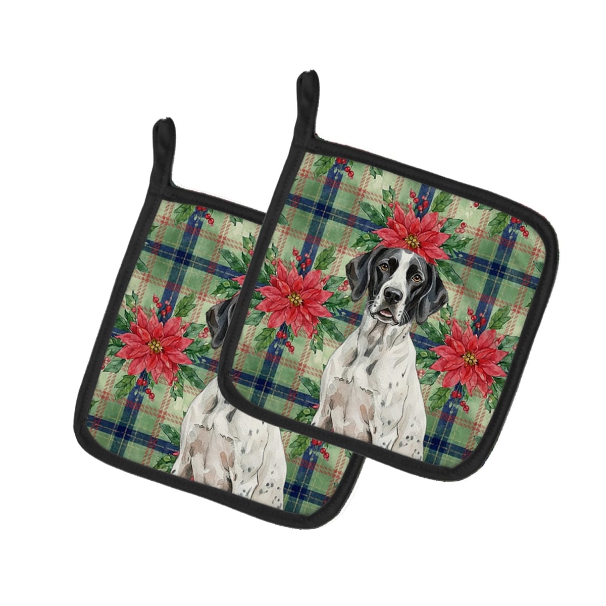 Picture of Carolines Treasures WDK8754PTHD Unisex Adult Black & White Pointer Christmas Poinsettias Pot Holders - 7.5 x 7.5 in. - Set of 2