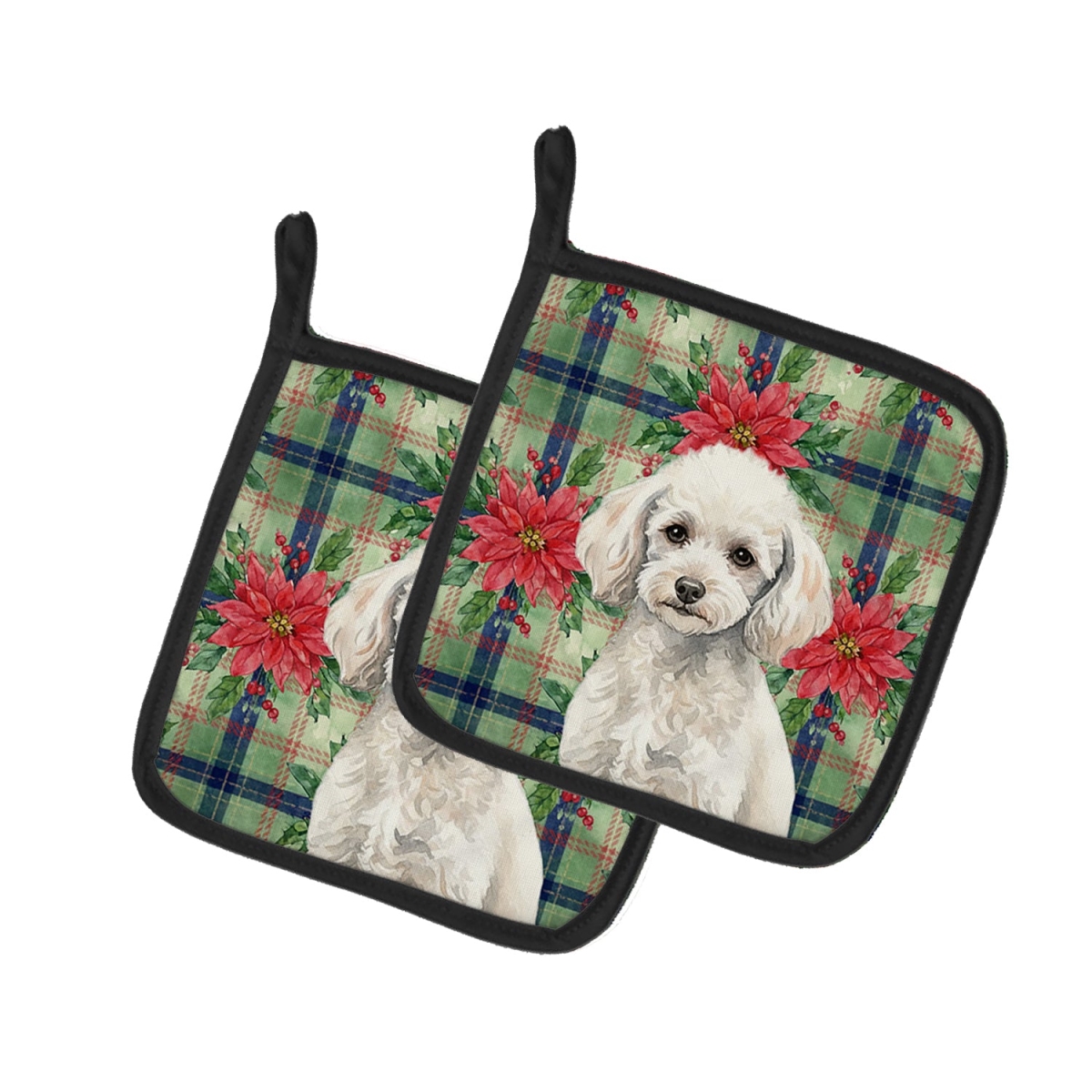 Picture of Carolines Treasures WDK8768PTHD Unisex Adult Miniature White Poodle Christmas Poinsettias Pot Holders - 7.5 x 7.5 in. - Set of 2