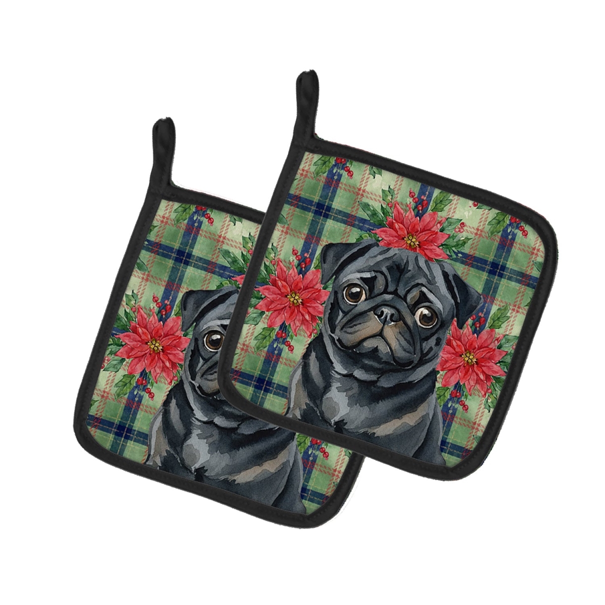 Picture of Carolines Treasures WDK8781PTHD Unisex Adult Black Pug Christmas Poinsettias Pot Holders - 7.5 x 7.5 in. - Set of 2