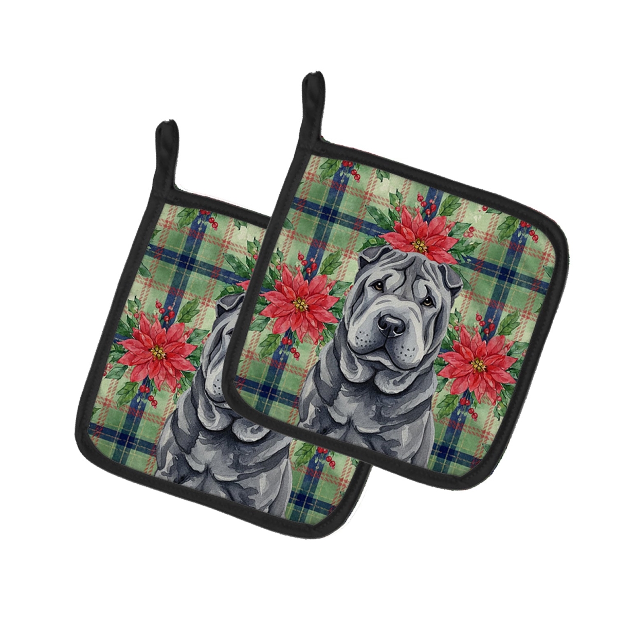 Picture of Carolines Treasures WDK8807PTHD Unisex Adult Black Shar Pei Christmas Poinsettias Pot Holders - 7.5 x 7.5 in. - Set of 2