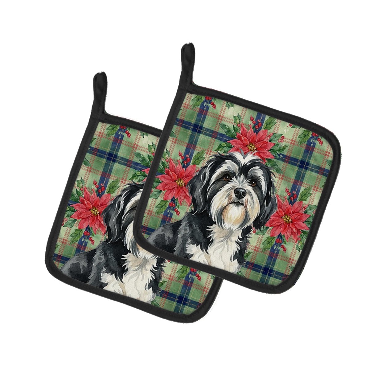 Picture of Carolines Treasures WDK8844PTHD Unisex Adult Black & White Tibetan Terrier Christmas Poinsettias Pot Holders - 7.5 x 7.5 in. - Set of 2