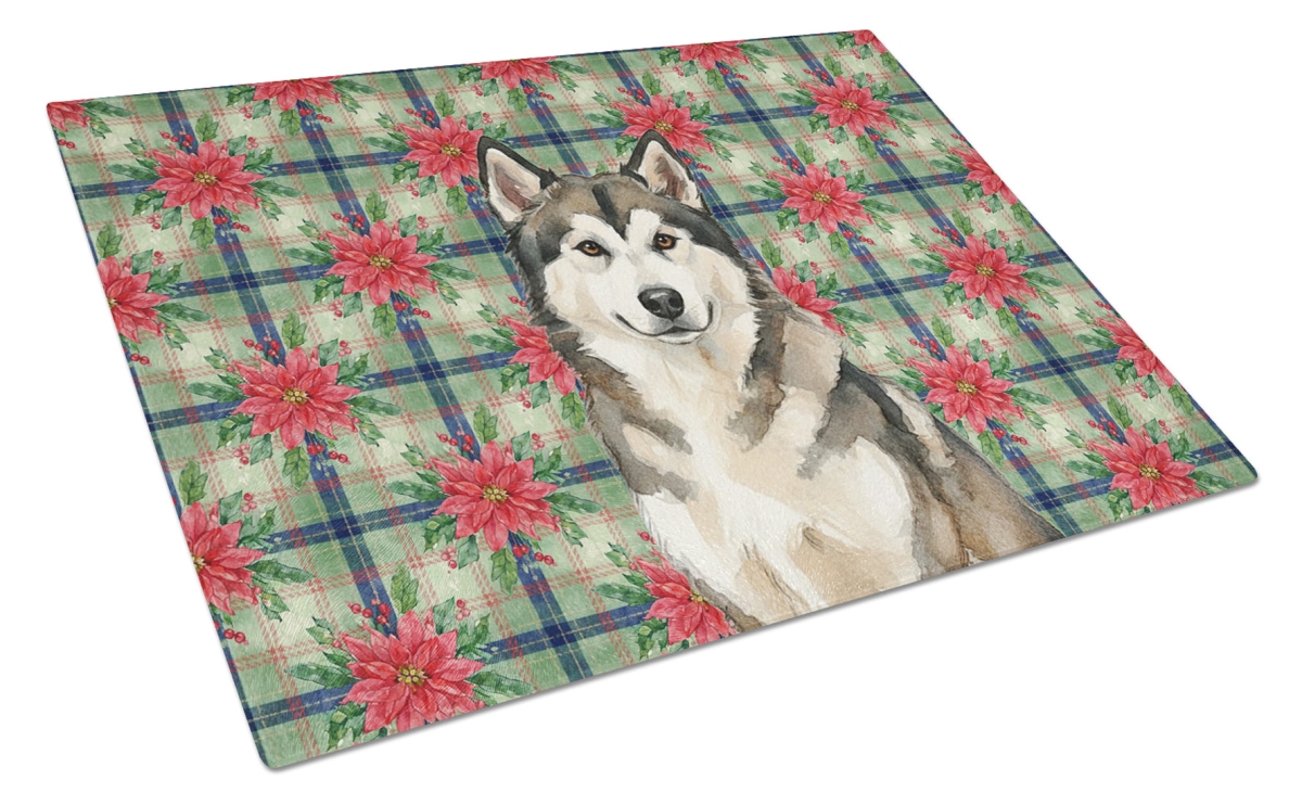 Picture of Carolines Treasures WDK8476LCB Unisex Adult Sable & White Alaskan Malamute Christmas Poinsettias Glass Cutting Board - 15 x 12 in.