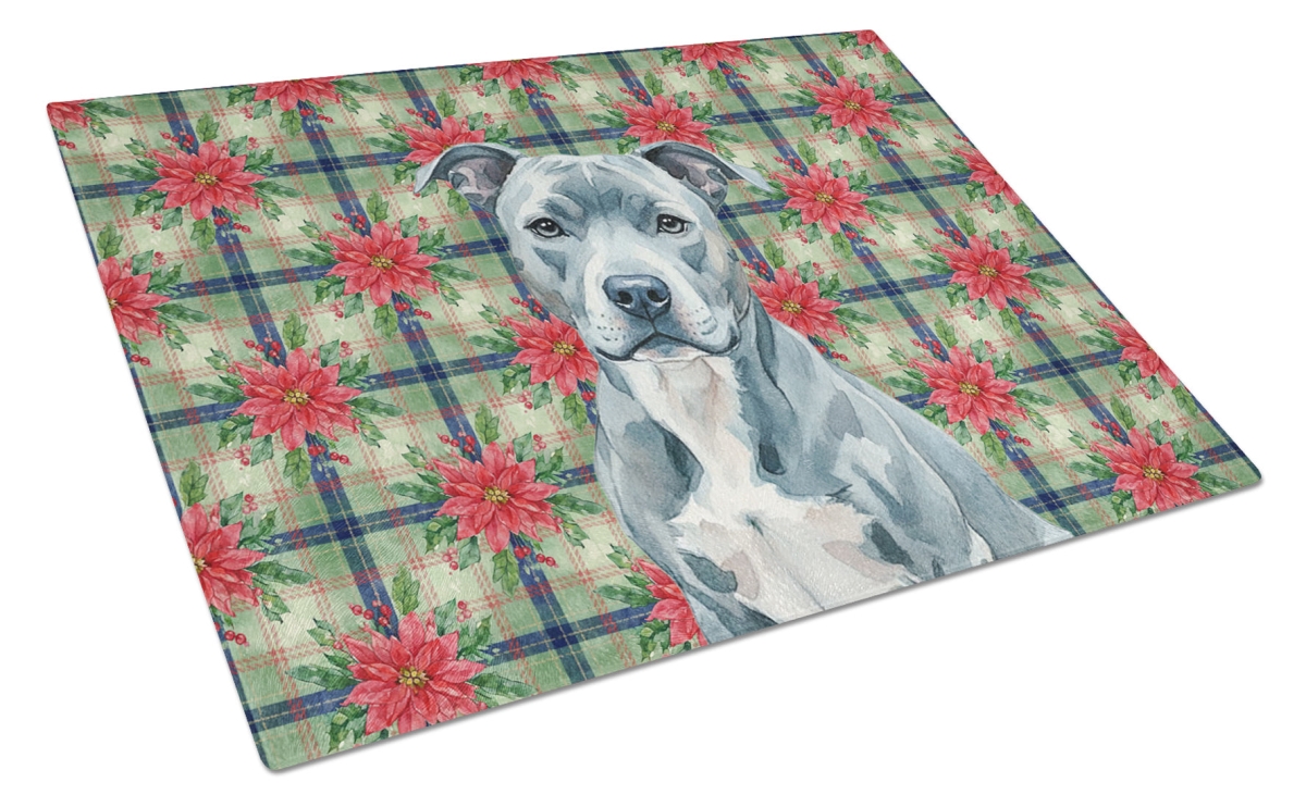 Picture of Carolines Treasures WDK8482LCB Unisex Adult Blue American Staffordshire Terrier Christmas Poinsettias Glass Cutting Board - 15 x 12 in.