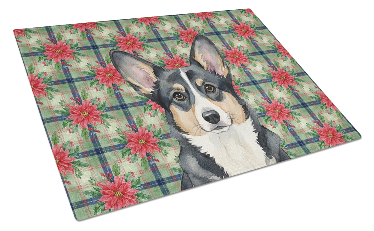 Picture of Carolines Treasures WDK8558LCB Unisex Adult Black & White Cardigan Welsh Corgi Christmas Poinsettias Glass Cutting Board - 15 x 12 in.