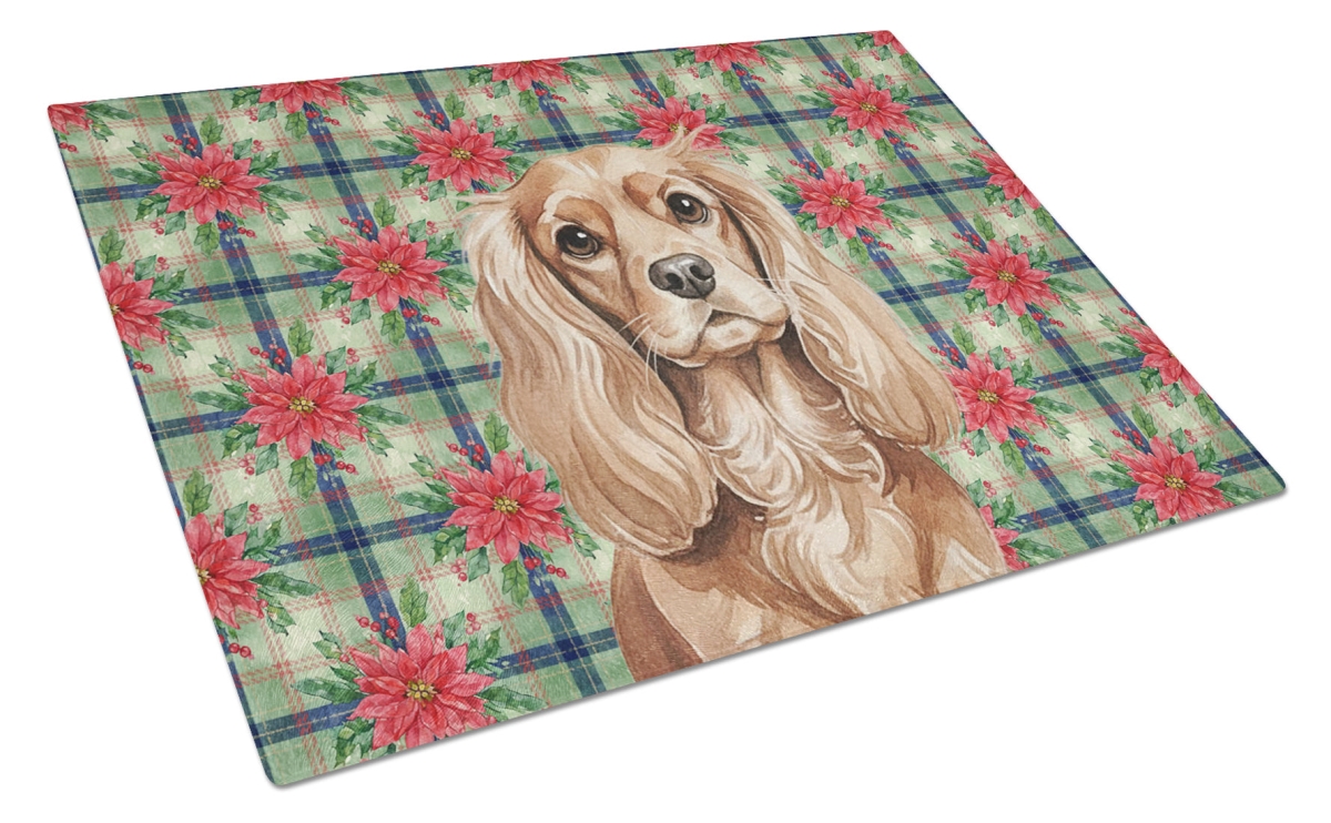 Picture of Carolines Treasures WDK8564LCB Unisex Adult Ruby Cavalier Spaniel Christmas Poinsettias Glass Cutting Board - 15 x 12 in.