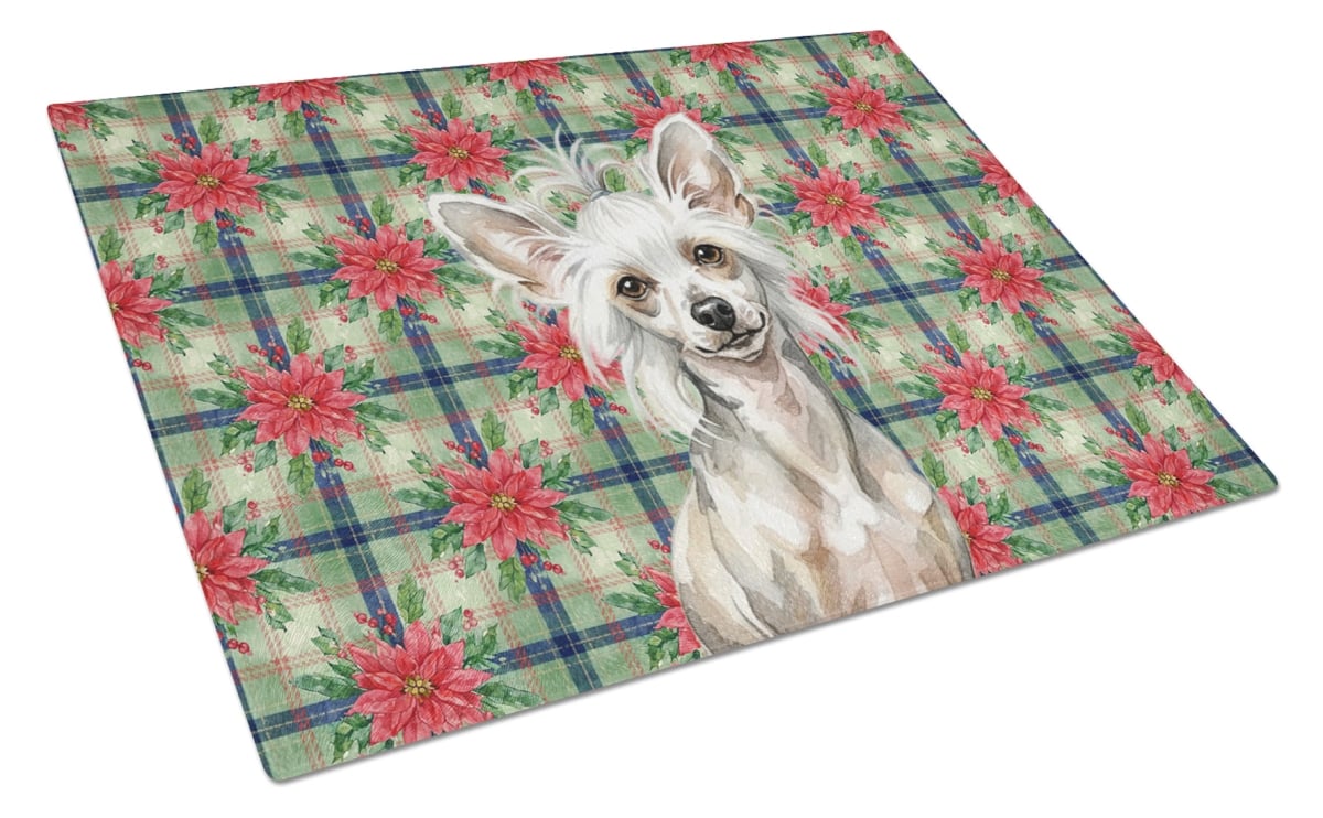 Picture of Carolines Treasures WDK8574LCB Unisex Adult Hairless Mottled Pattern Chinese Crested Christmas Poinsettias Glass Cutting Board - 15 x 12 in.