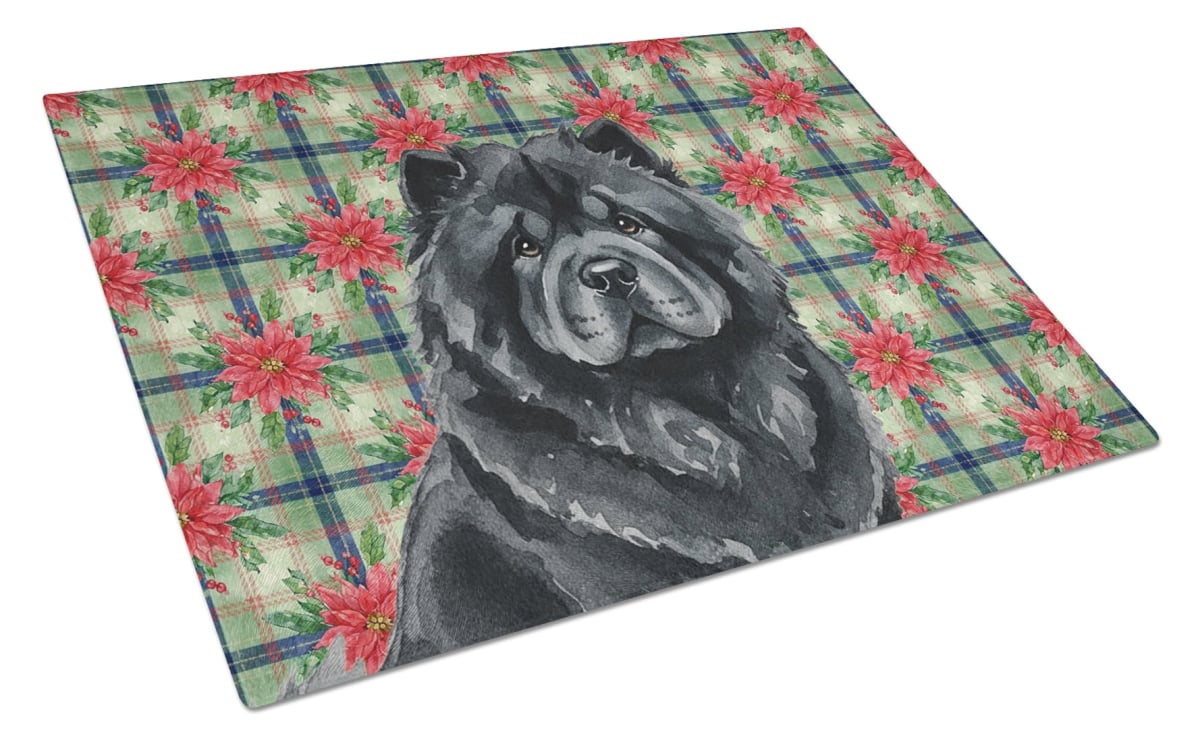 Picture of Carolines Treasures WDK8577LCB Unisex Adult Black Chow Chow Christmas Poinsettias Glass Cutting Board - 15 x 12 in.