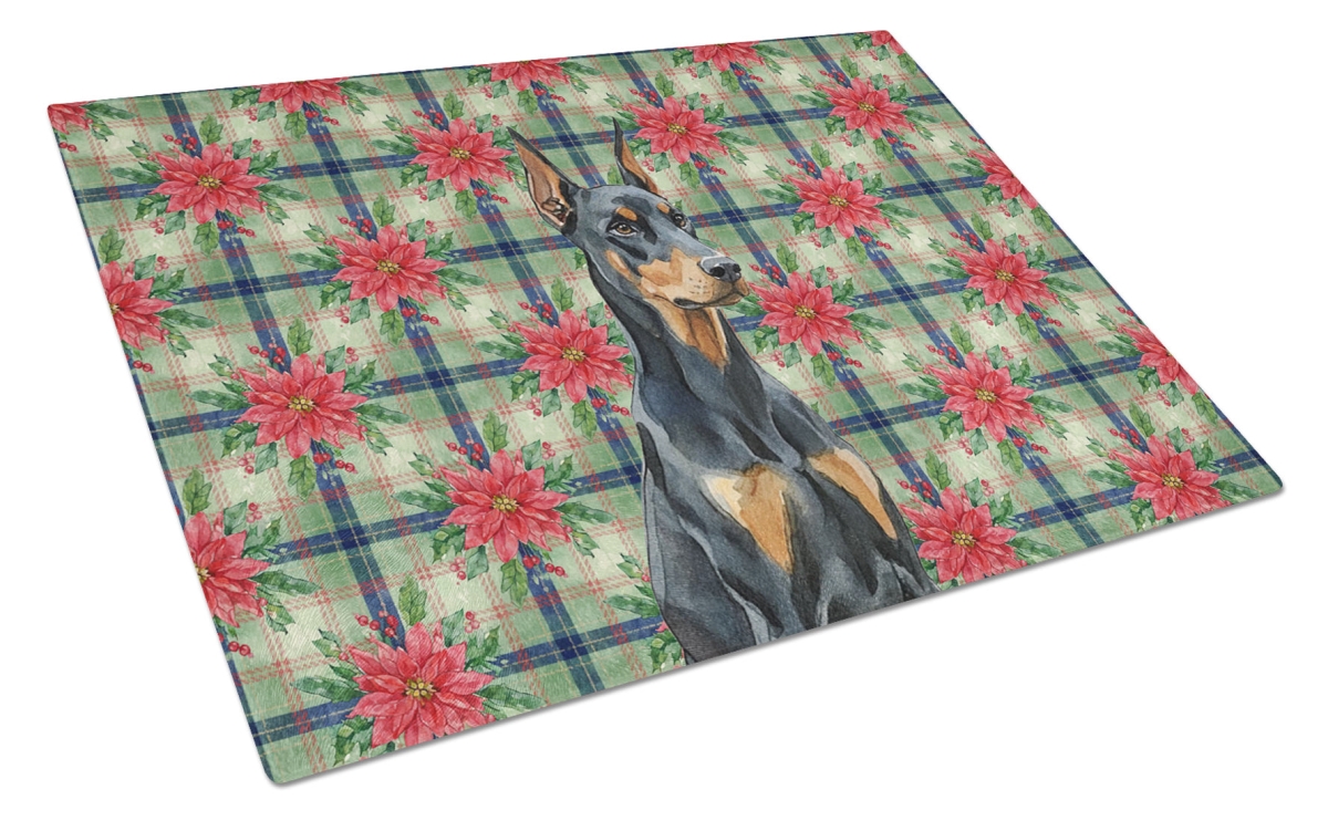 Picture of Carolines Treasures WDK8607LCB Unisex Adult Doberman Pinscher Christmas Poinsettias Glass Cutting Board - 15 x 12 in.