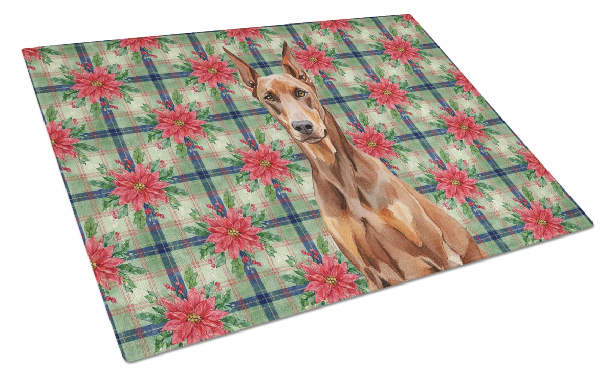 Picture of Carolines Treasures WDK8609LCB Unisex Adult Red Doberman Pinscher Christmas Poinsettias Glass Cutting Board - 15 x 12 in.