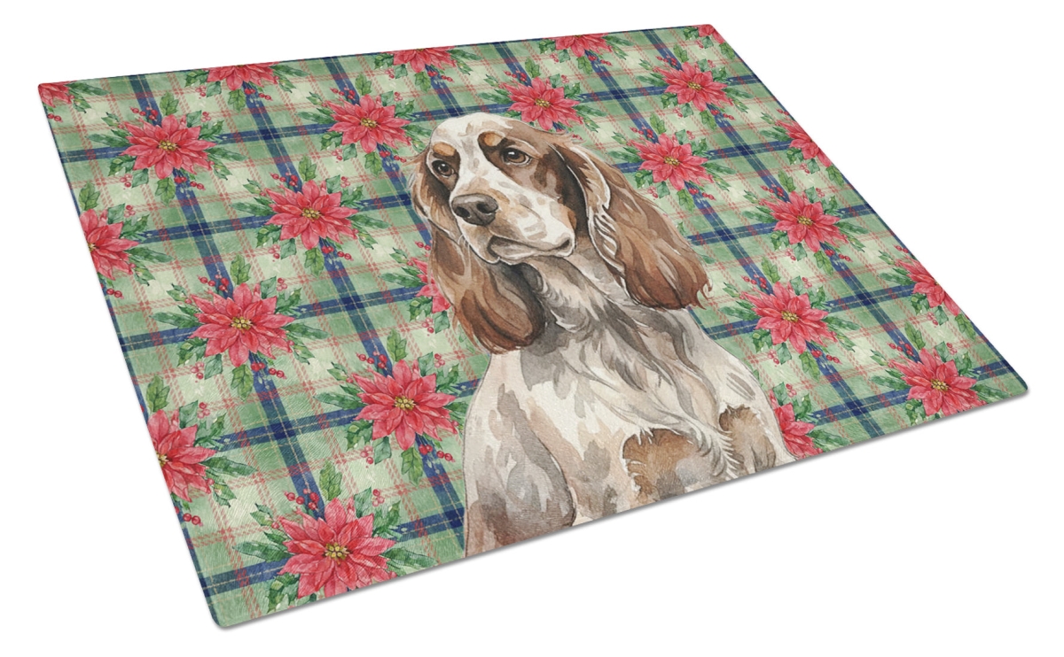 Picture of Carolines Treasures WDK8621LCB Unisex Adult Liver Roan English Cocker Spaniel Christmas Poinsettias Glass Cutting Board - 15 x 12 in.