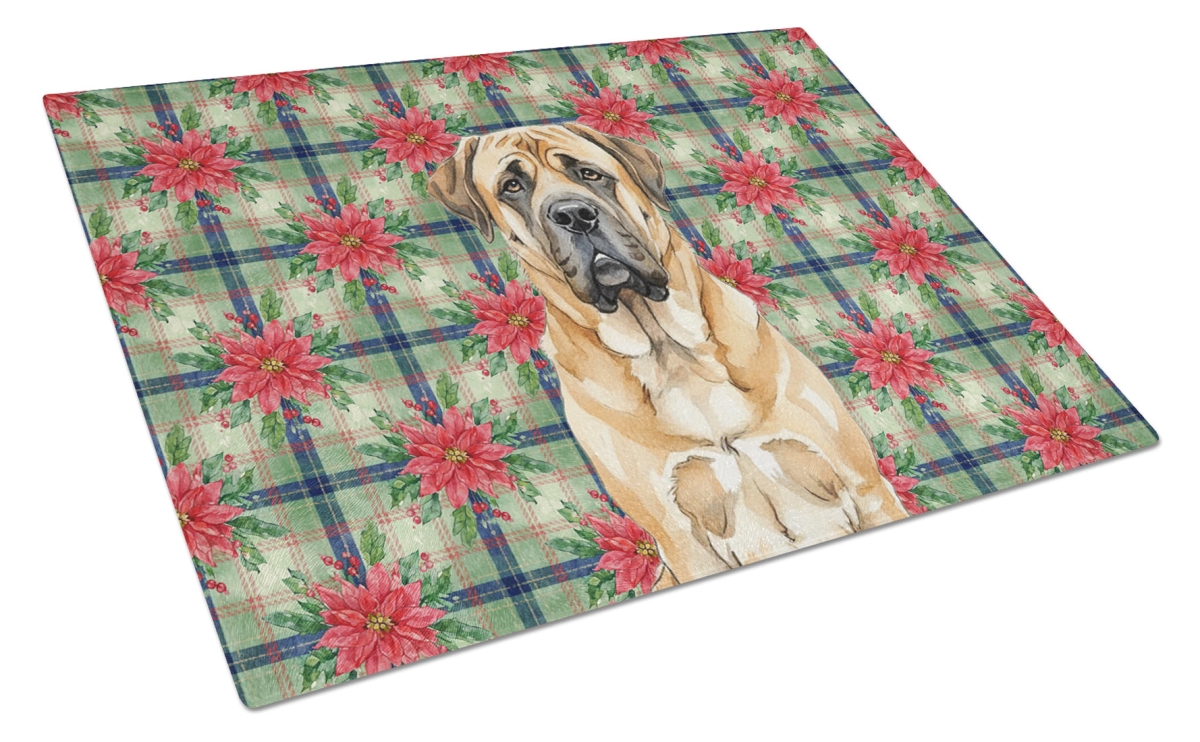Picture of Carolines Treasures WDK8624LCB Unisex Adult Apricot English Mastiff Christmas Poinsettias Glass Cutting Board - 15 x 12 in.
