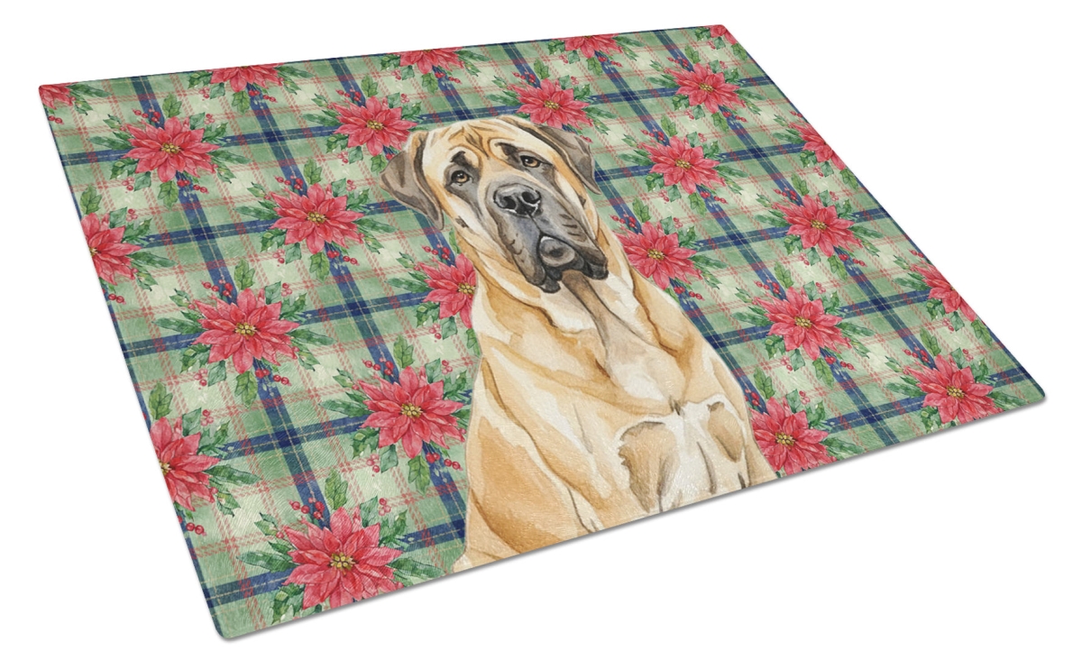 Picture of Carolines Treasures WDK8626LCB Unisex Adult Fawn English Mastiff Christmas Poinsettias Glass Cutting Board - 15 x 12 in.