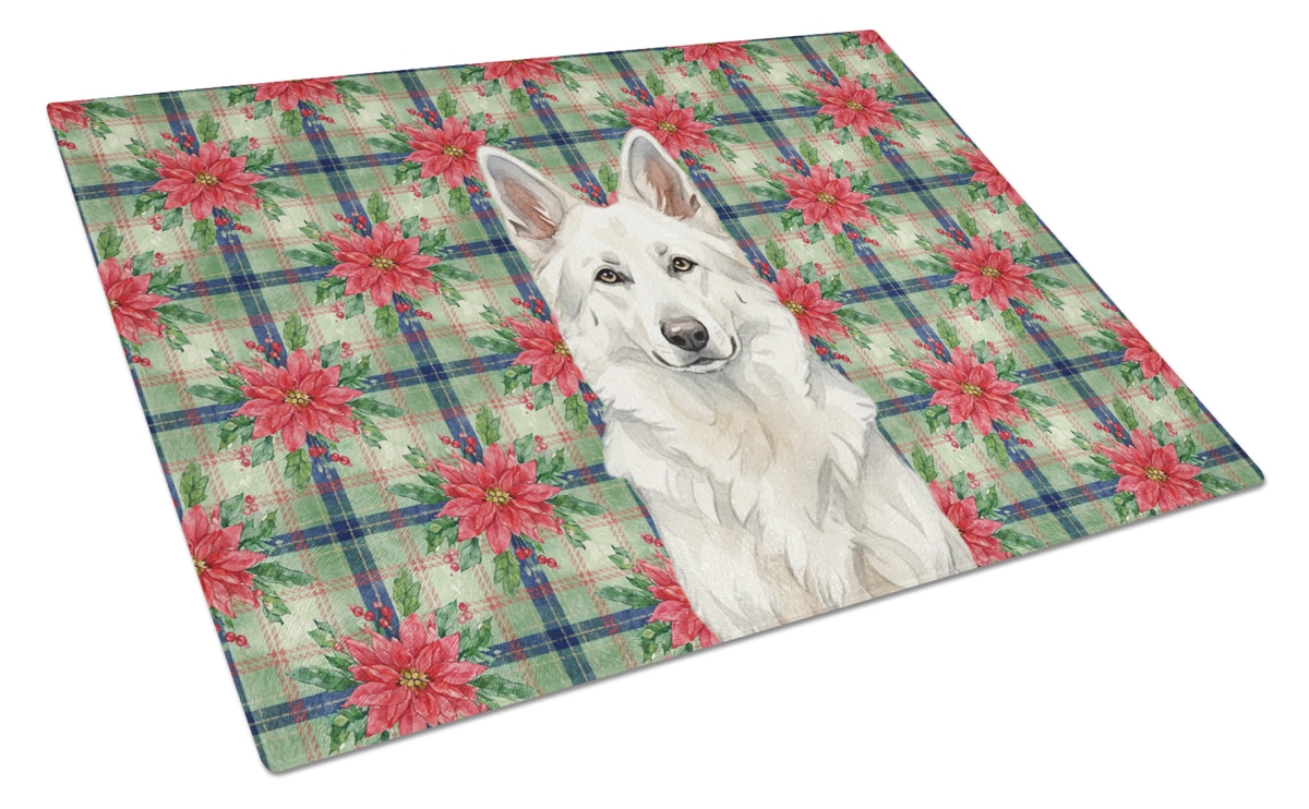 Picture of Carolines Treasures WDK8647LCB Unisex Adult White German Shepherd Christmas Poinsettias Glass Cutting Board - 15 x 12 in.