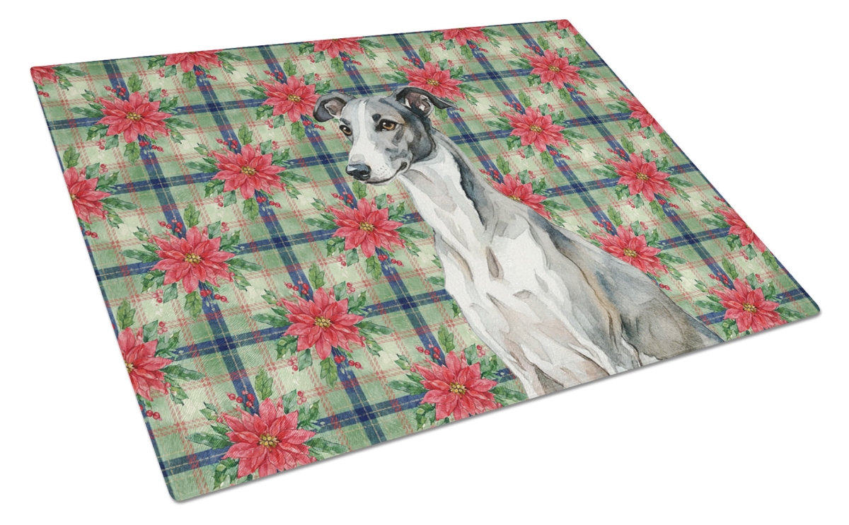 Picture of Carolines Treasures WDK8660LCB Unisex Adult Black & White Greyhound Christmas Poinsettias Glass Cutting Board - 15 x 12 in.