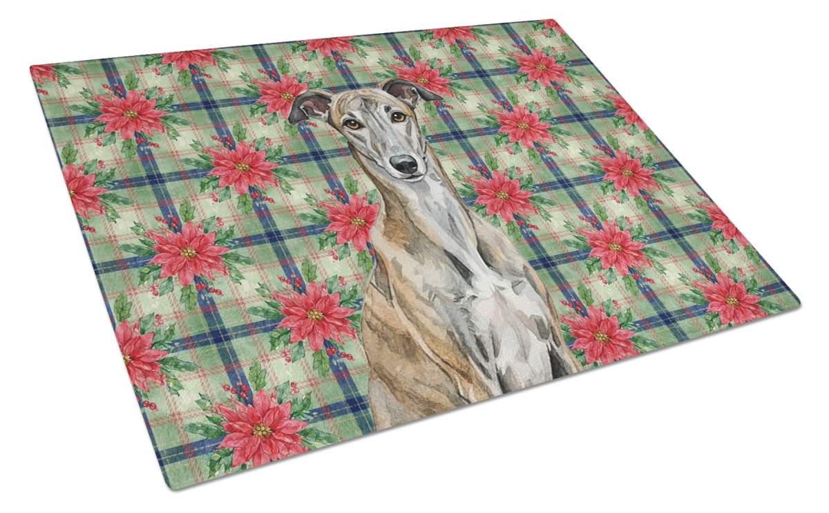 Picture of Carolines Treasures WDK8663LCB Unisex Adult Brindle Greyhound Christmas Poinsettias Glass Cutting Board - 15 x 12 in.