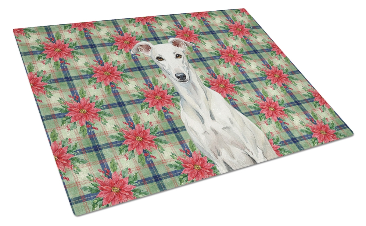 Picture of Carolines Treasures WDK8666LCB Unisex Adult White Greyhound Christmas Poinsettias Glass Cutting Board - 15 x 12 in.