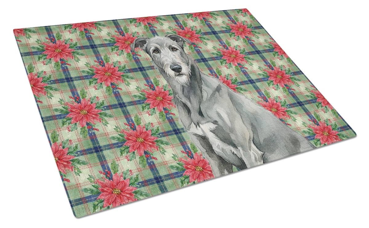 Picture of Carolines Treasures WDK8675LCB Unisex Adult Gray Irish Wolfhound Christmas Poinsettias Glass Cutting Board - 15 x 12 in.