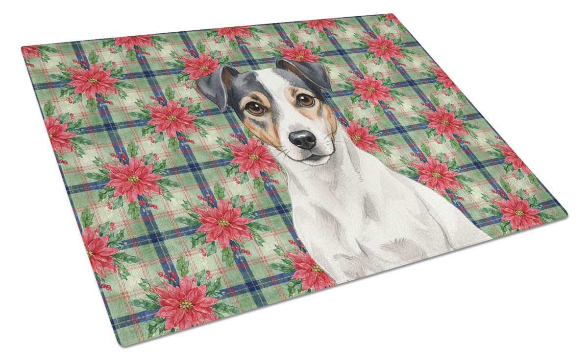 Picture of Carolines Treasures WDK8682LCB Unisex Adult White & Black Jack Russell Terrier Christmas Poinsettias Glass Cutting Board - 15 x 12 in.