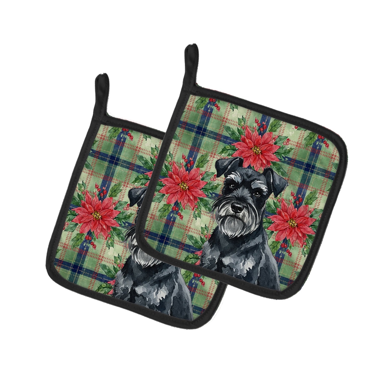 Picture of Carolines Treasures WDK8718PTHD Unisex Adult Black Miniature Schnauzer Christmas Poinsettias Pot Holders - 7.5 x 7.5 in. - Set of 2