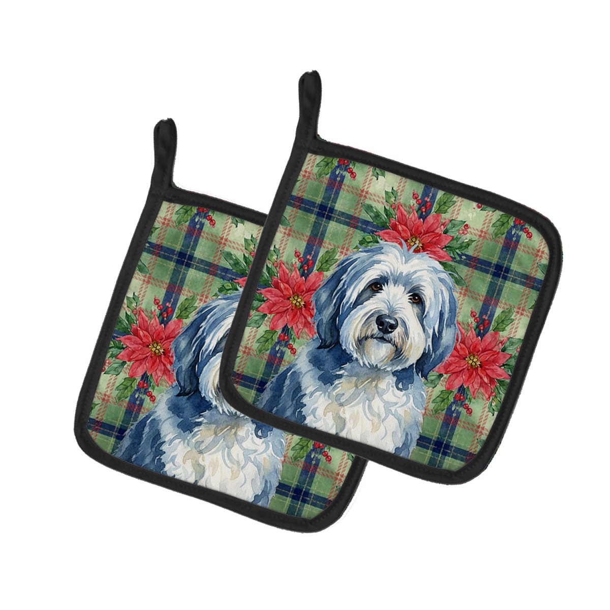 Picture of Carolines Treasures WDK8736PTHD Unisex Adult Blue & White Old English Sheepdog Christmas Poinsettias Pot Holders - 7.5 x 7.5 in. - Set of 2