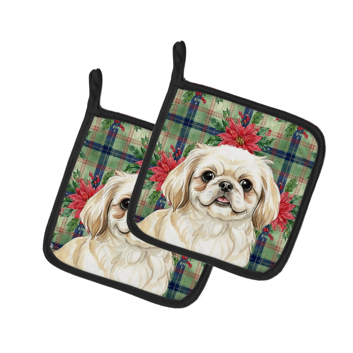 Picture of Carolines Treasures WDK8749PTHD Unisex Adult Cream Pekingese Christmas Poinsettias Pot Holders - 7.5 x 7.5 in. - Set of 2