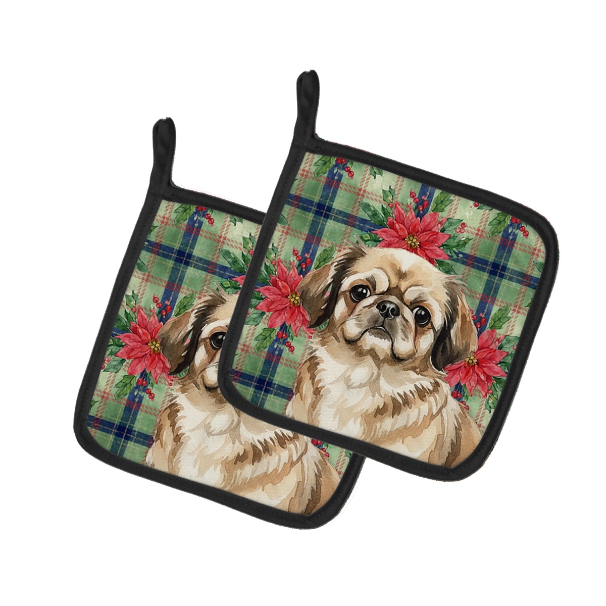 Picture of Carolines Treasures WDK8752PTHD Unisex Adult Sable Pekingese Christmas Poinsettias Pot Holders - 7.5 x 7.5 in. - Set of 2