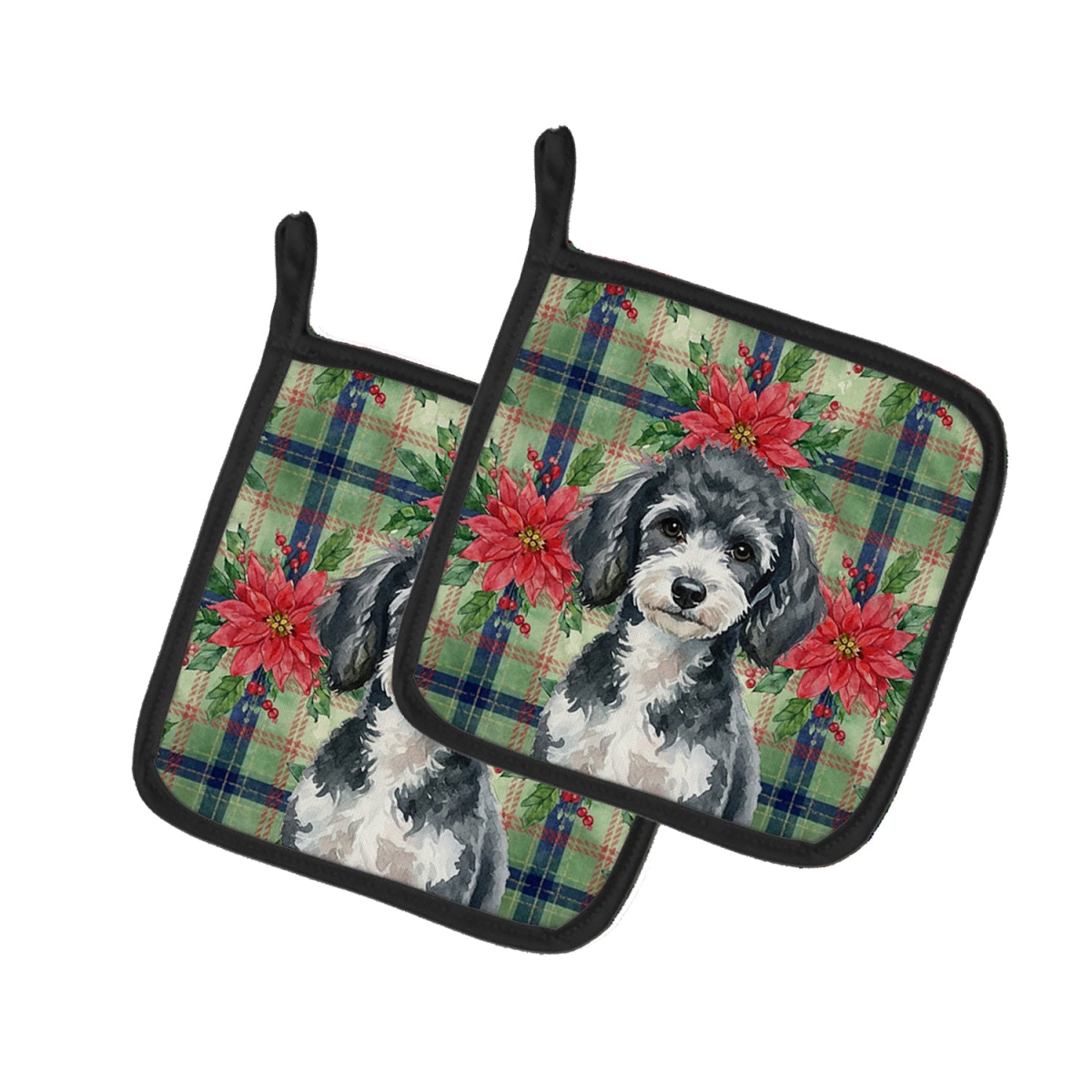 Picture of Carolines Treasures WDK8765PTHD Unisex Adult Miniature Parti Poodle Christmas Poinsettias Pot Holders - 7.5 x 7.5 in. - Set of 2