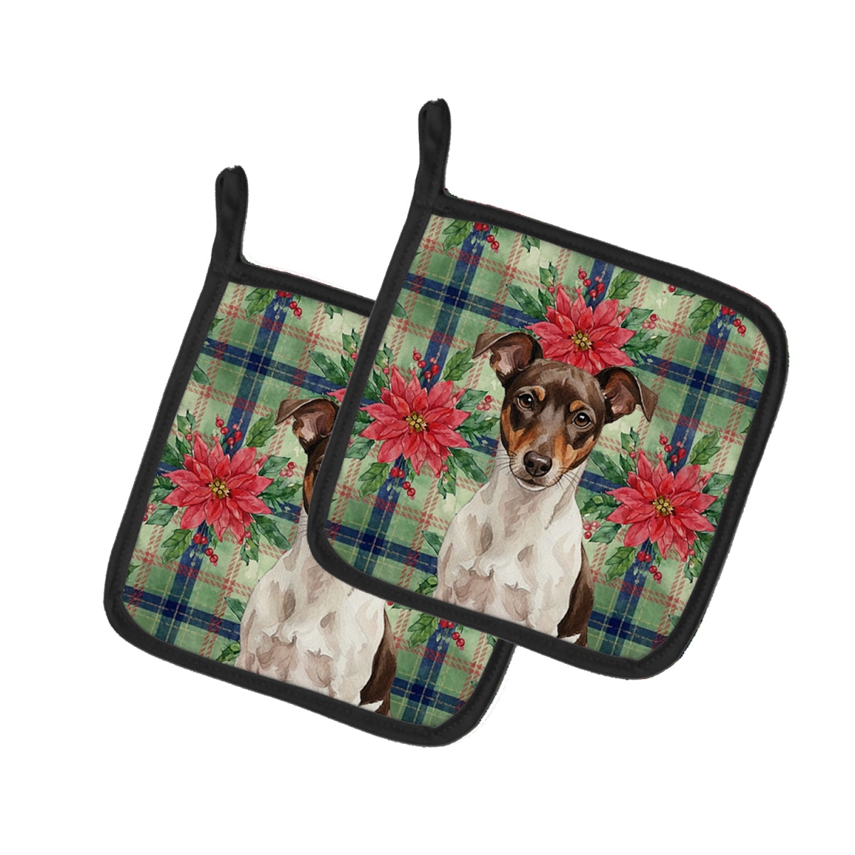 Picture of Carolines Treasures WDK8784PTHD Unisex Adult Chocolate & White Rat Terrier Christmas Poinsettias Pot Holders - 7.5 x 7.5 in. - Set of 2
