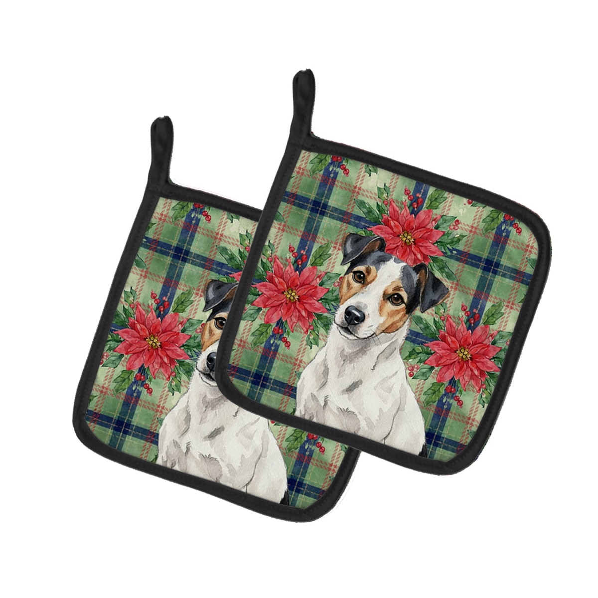 Picture of Carolines Treasures WDK8789PTHD Unisex Adult White with Black Markings Russell Terrier Christmas Poinsettias Pot Holders - 7.5 x 7.5 in. - Set of 2