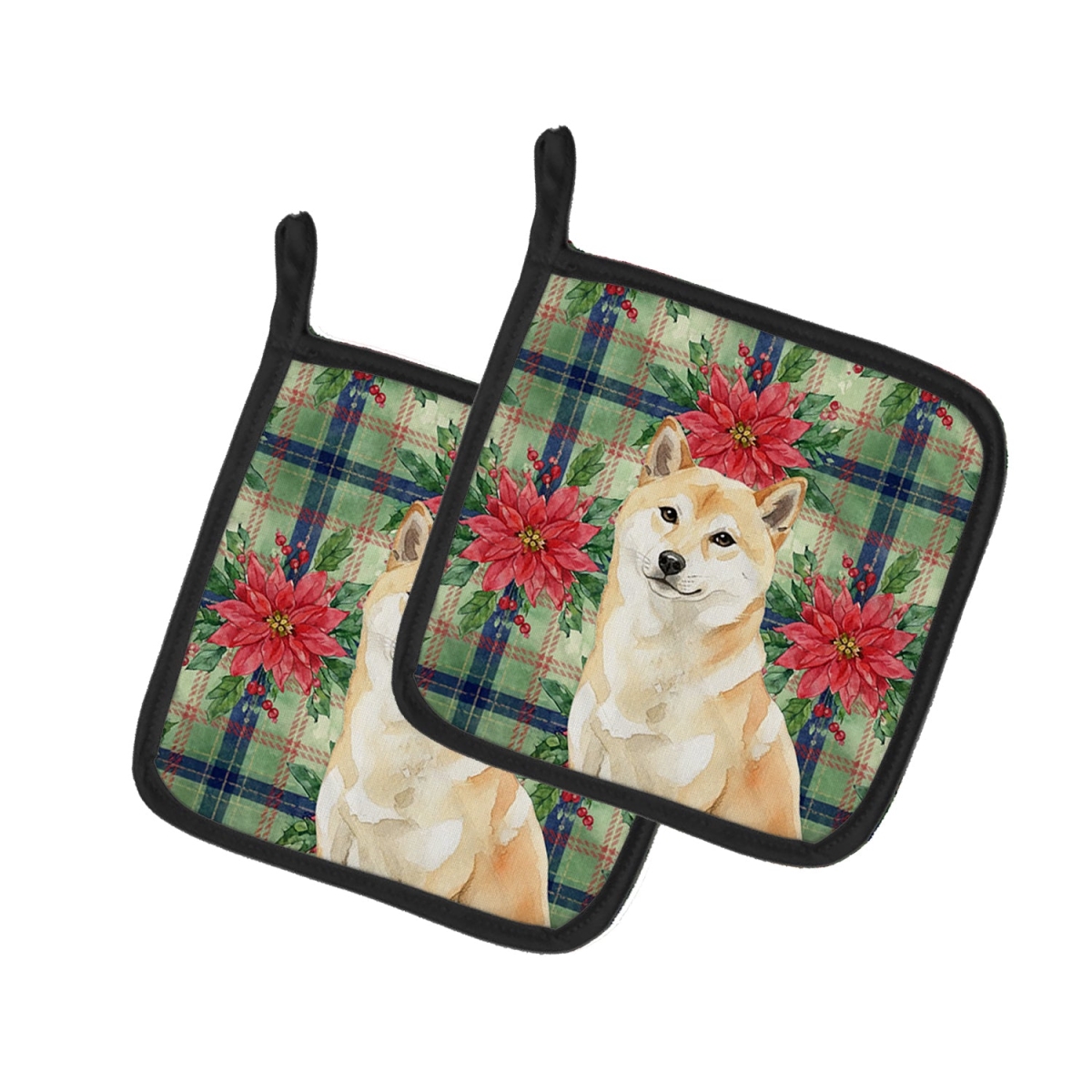 Picture of Carolines Treasures WDK8814PTHD Unisex Adult Cream Shiba Inu Christmas Poinsettias Pot Holders - 7.5 x 7.5 in. - Set of 2