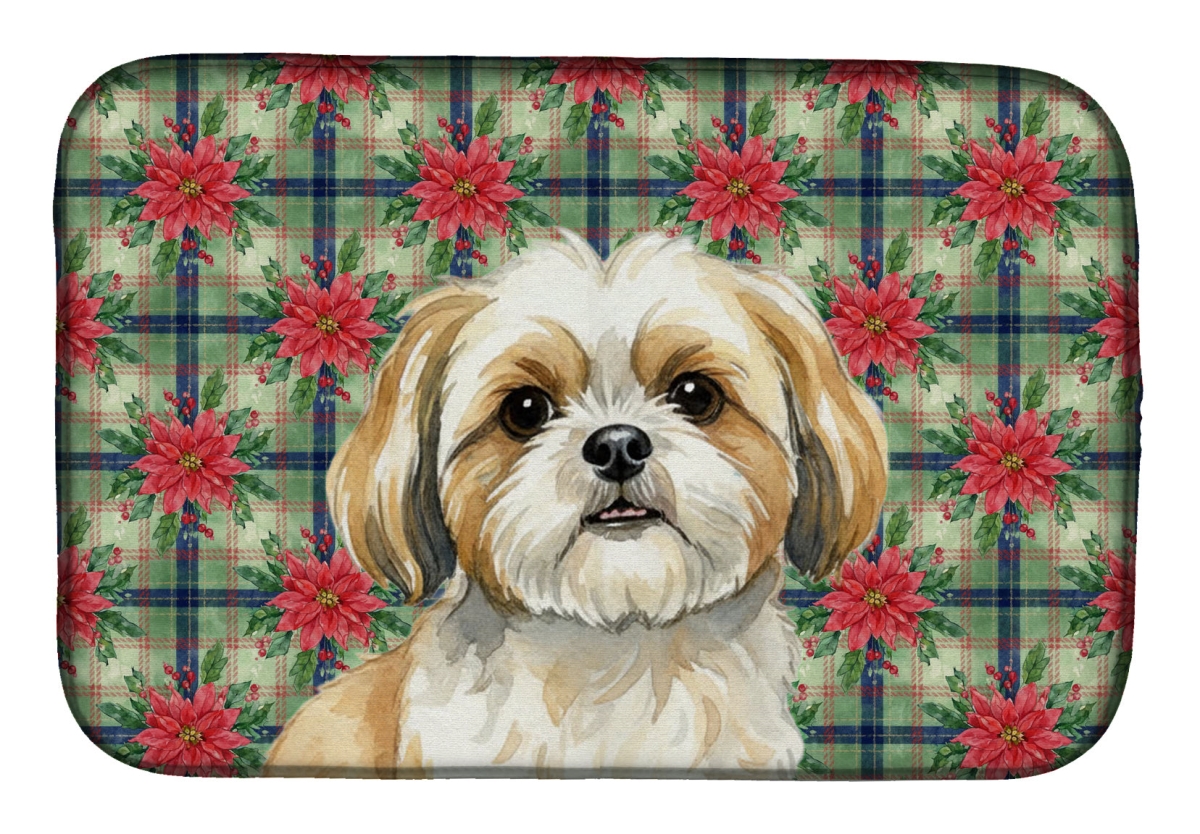 Picture of Carolines Treasures WDK8818DDM Unisex Adult Gold & White Shih Tzu Christmas Poinsettias Dish Drying Mat - 21 x 14 in.