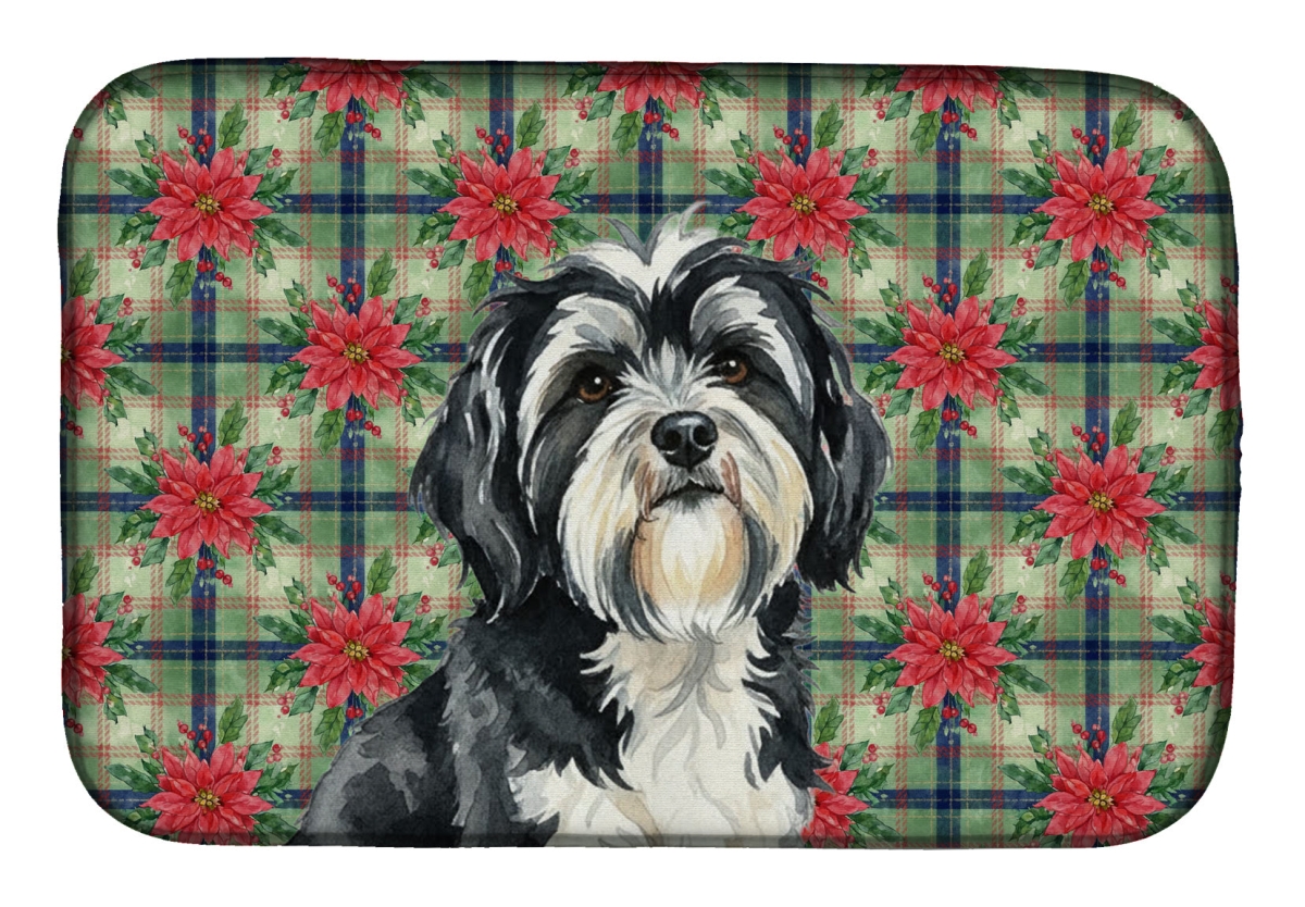 Picture of Carolines Treasures WDK8844DDM Unisex Adult Black & White Tibetan Terrier Christmas Poinsettias Dish Drying Mat - 21 x 14 in.