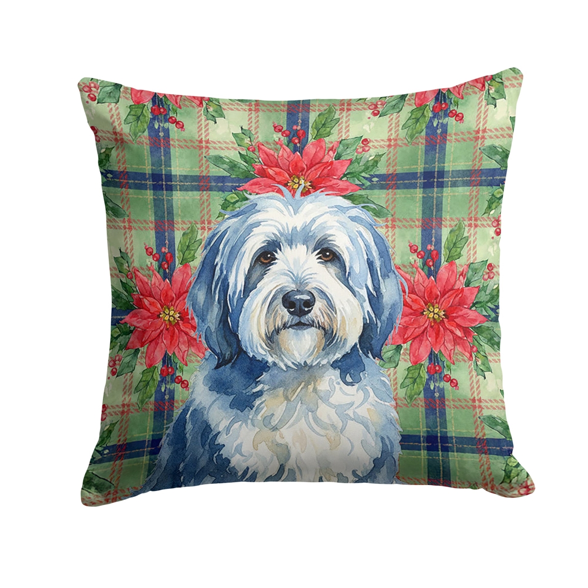 WDK8736PW1818 Unisex Adult Blue & White Old English Sheepdog Christmas Poinsettias Throw Pillow - 18 x 18 in.