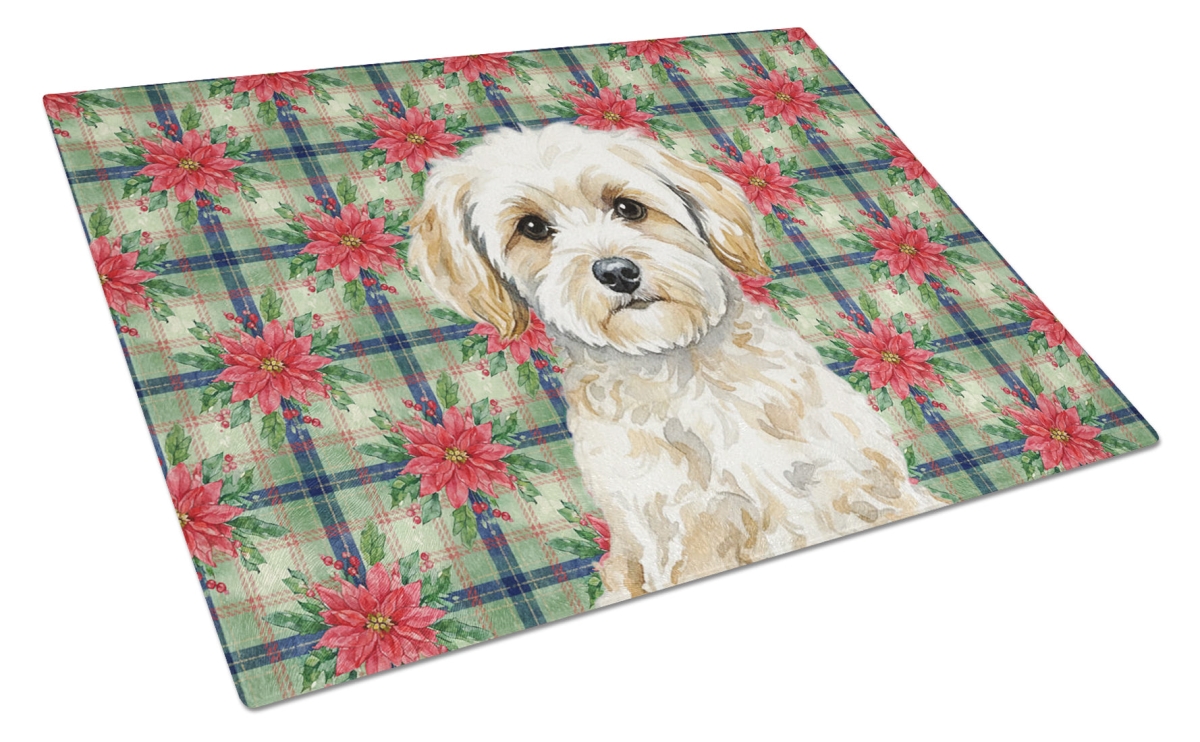 Picture of Carolines Treasures WDK8707LCB Unisex Adult Maltipoo Christmas Poinsettias Glass Cutting Board - 15 x 12 in.