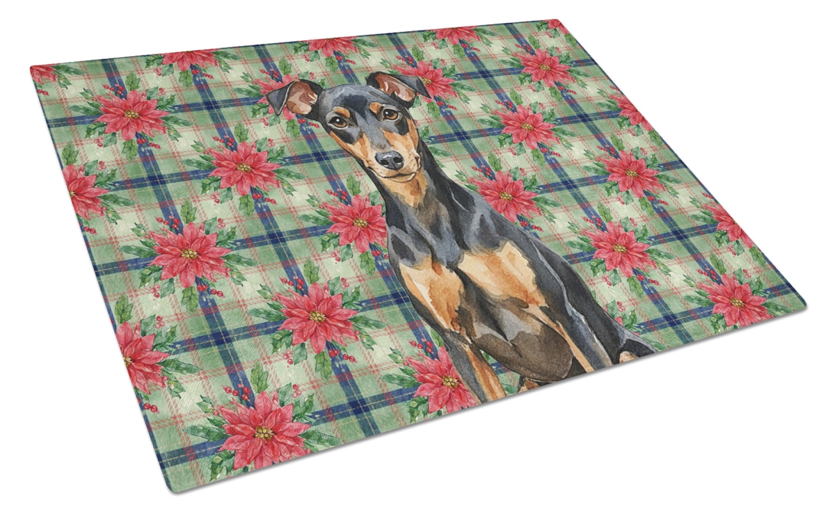 Picture of Carolines Treasures WDK8708LCB Unisex Adult Manchester Terrier Christmas Poinsettias Glass Cutting Board - 15 x 12 in.