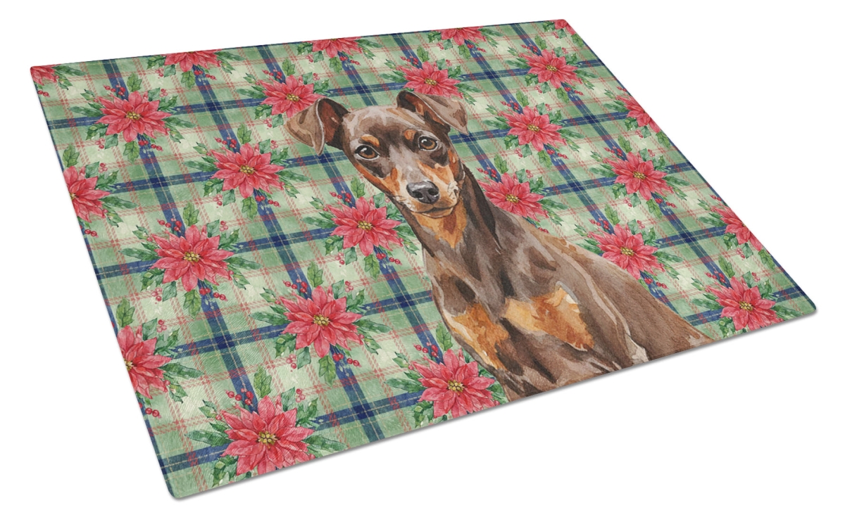Picture of Carolines Treasures WDK8714LCB Unisex Adult Chocolate & Rust Miniature Pinscher Min Pin Christmas Poinsettias Glass Cutting Board - 15 x 12 in.