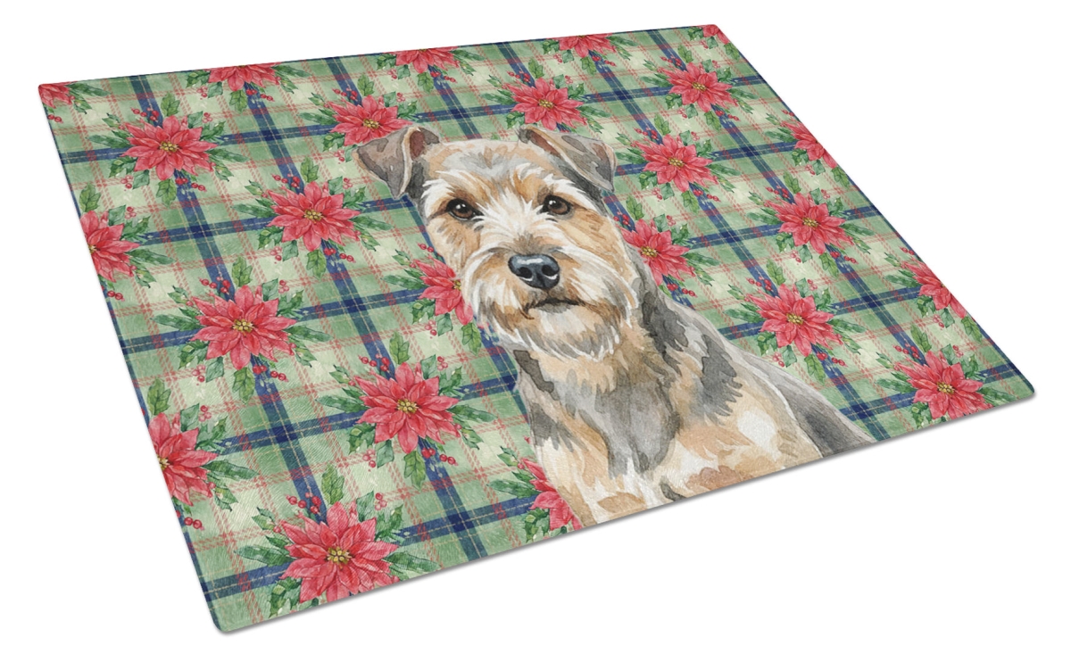 Picture of Carolines Treasures WDK8729LCB Unisex Adult Grizzle & Tan Norfolk Terrier Christmas Poinsettias Glass Cutting Board - 15 x 12 in.