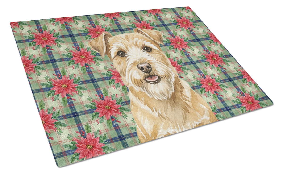 Picture of Carolines Treasures WDK8731LCB Unisex Adult Wheaten Norfolk Terrier Christmas Poinsettias Glass Cutting Board - 15 x 12 in.