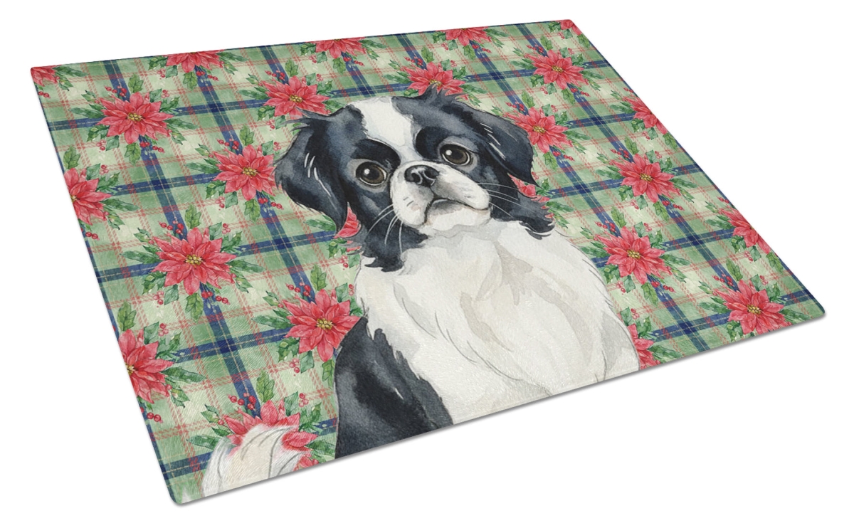 Picture of Carolines Treasures WDK8685LCB Unisex Adult Black & White Japanese Chin Christmas Poinsettias Glass Cutting Board - 15 x 12 in.