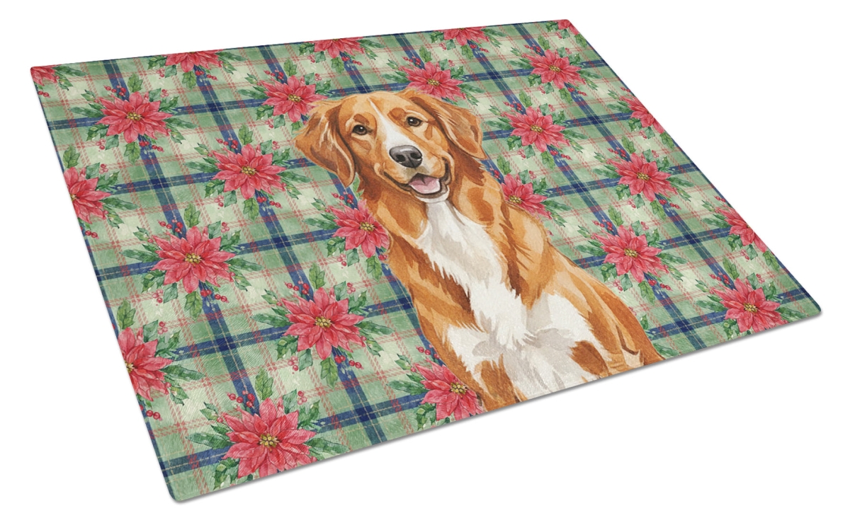 Picture of Carolines Treasures WDK8735LCB Unisex Adult Orange Nova Scotia Duck Tolling Retriever Christmas Poinsettias Glass Cutting Board - 15 x 12 in.