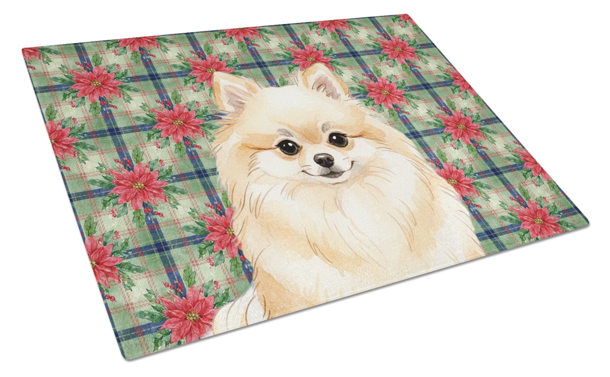Picture of Carolines Treasures WDK8762LCB Unisex Adult Cream Pomeranian Christmas Poinsettias Glass Cutting Board - 15 x 12 in.