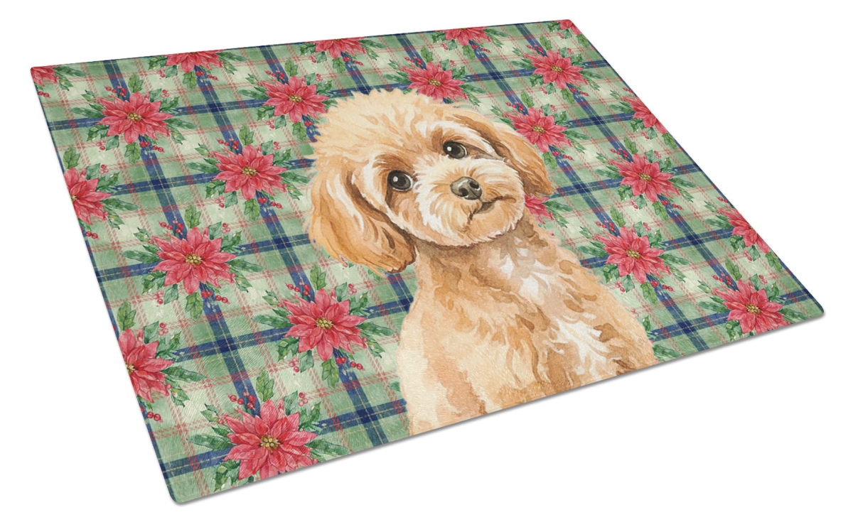Picture of Carolines Treasures WDK8772LCB Unisex Adult Toy Apricot Poodle Christmas Poinsettias Glass Cutting Board - 15 x 12 in.
